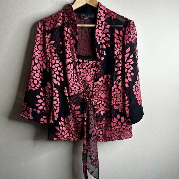 Alex Evenings 2 Piece Set Sleeveless Tank Blouse & Jacket Sz L Red Black Floral - Picture 1 of 13